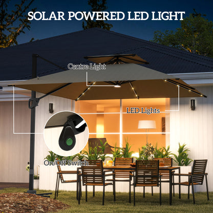 3.5m Aluminium Cantilever Parasol w/ LED Lights Crank Tilt UV50+ Khaki