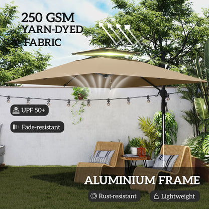 3.5m Aluminium Cantilever Parasol w/ LED Lights Crank Tilt UV50+ Khaki
