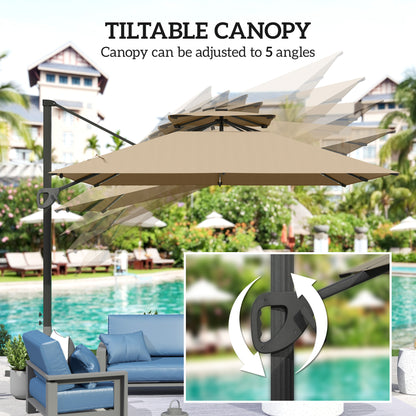 3.5m Aluminium Cantilever Parasol w/ LED Lights Crank Tilt UV50+ Khaki
