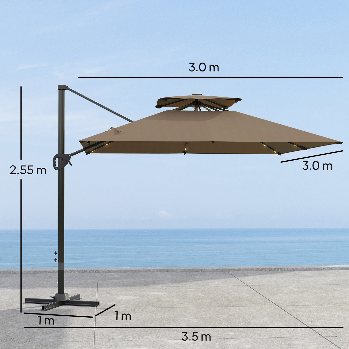 3.5m Aluminium Cantilever Parasol w/ LED Lights Crank Tilt UV50+ Khaki