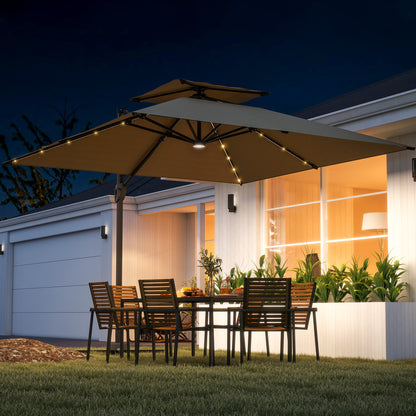 3.5m Aluminium Cantilever Parasol w/ LED Lights Crank Tilt UV50+ Khaki