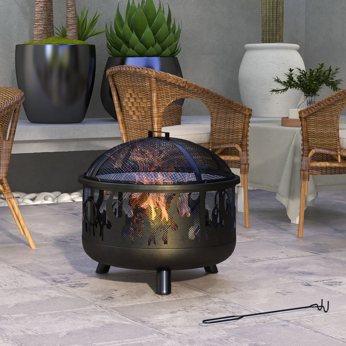 Metal Firepit Bowl Outdoor 2-In-1 Round Fire Pit w/ Lid, Grill, Poker, Handles, Camping, BBQ, Bonfire, Wood Burning Stove, 61.5 x