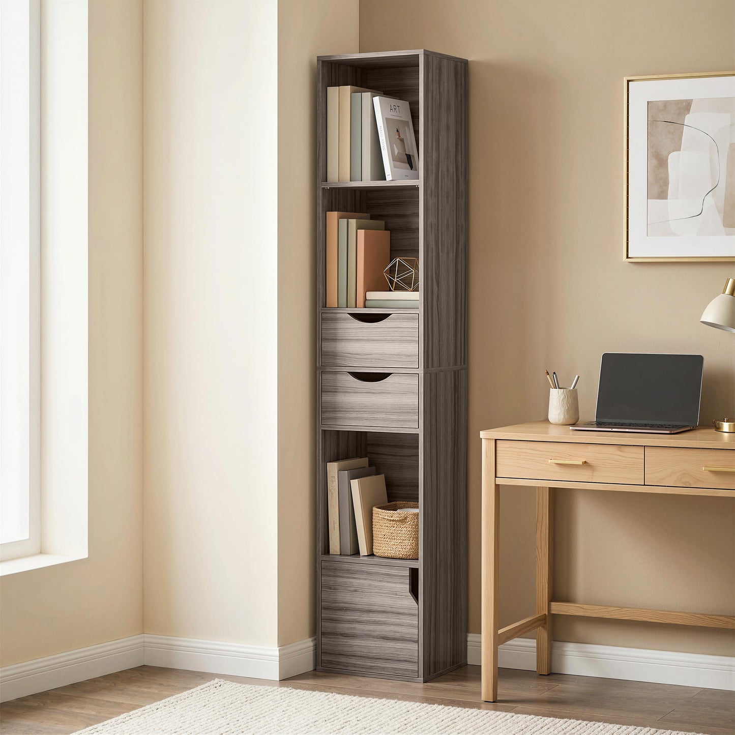 Bookcase with Drawers Adjustable Shelf 158 cm Grey