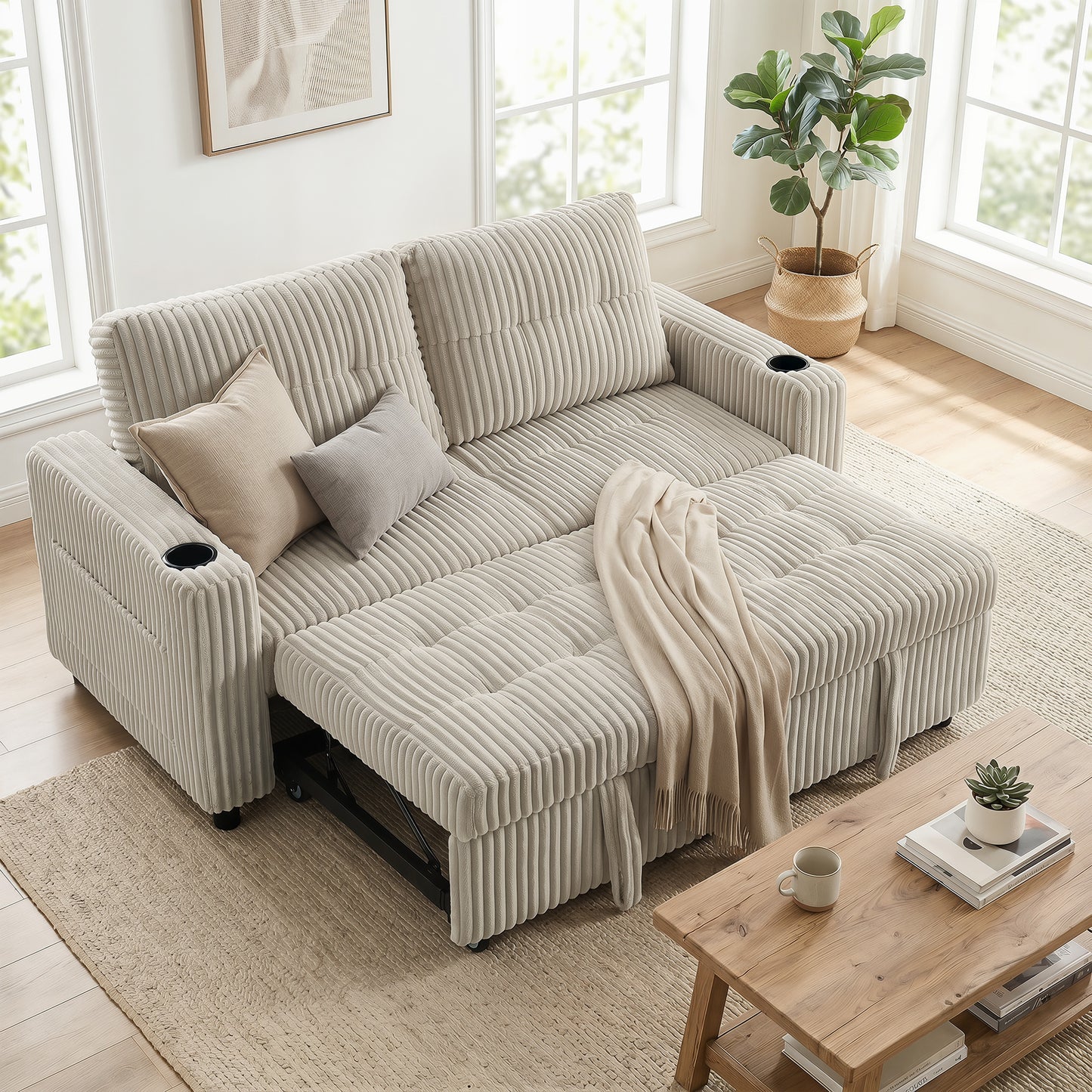 3-in-1 2 Seater Sofa Bed, Convertible Sleeper Sofa with Adjustable Backrest, Corduroy Pull Out Loveseat Bed with 2 Pillows, Side Pockets and Cup Holders for Living Room, Bedroom, Cream White