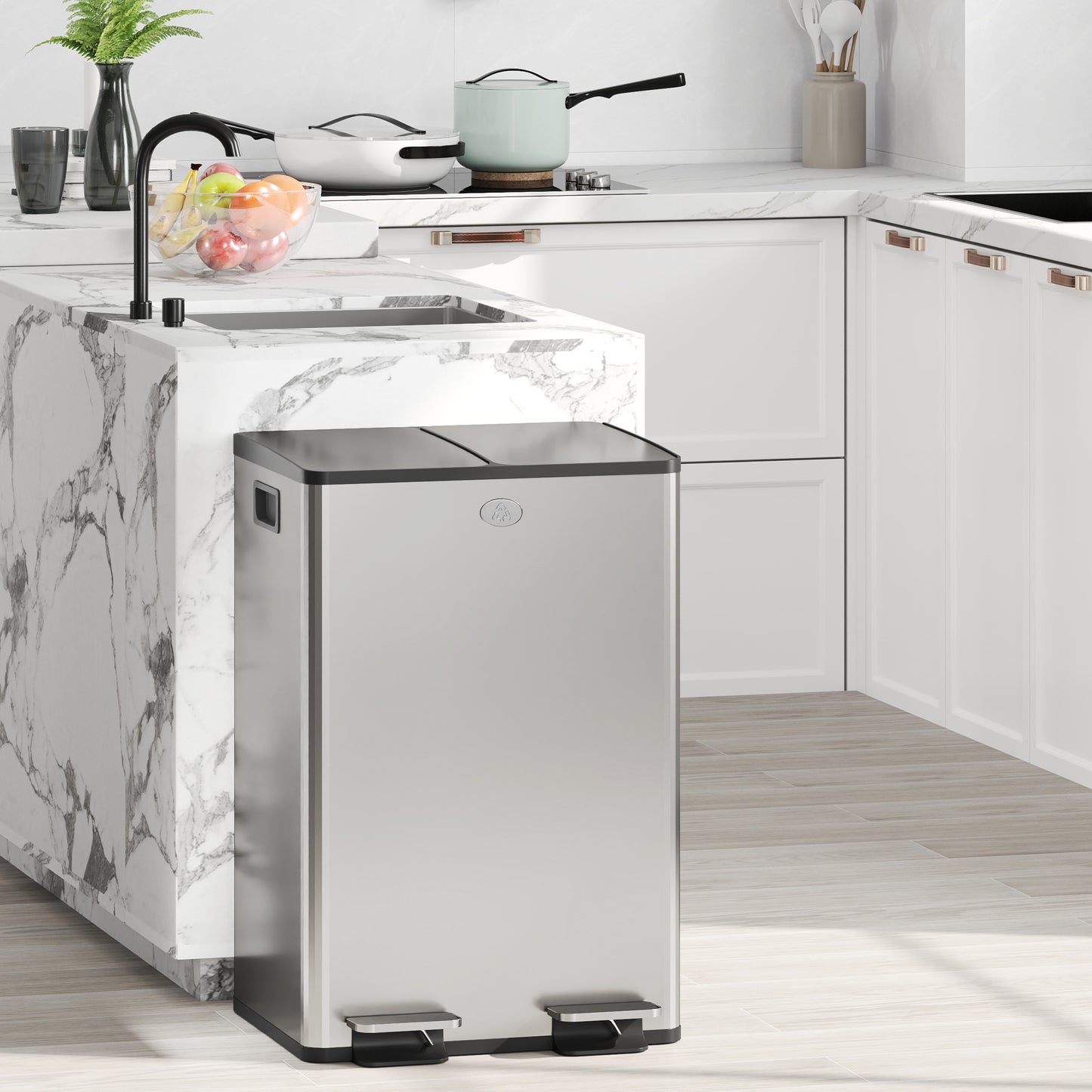 2 x 28L Dual Kitchen Bin Pedal Bin for Recycling and Waste, Silver