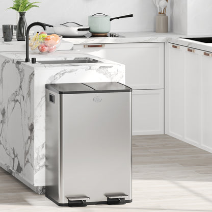 2 x 28L Dual Kitchen Bin Pedal Bin for Recycling and Waste, Silver