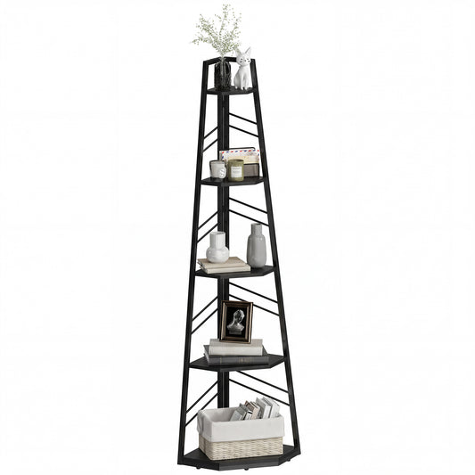 5-Tier Corner Bookcase, Floor Standing Shelving Unit, Black