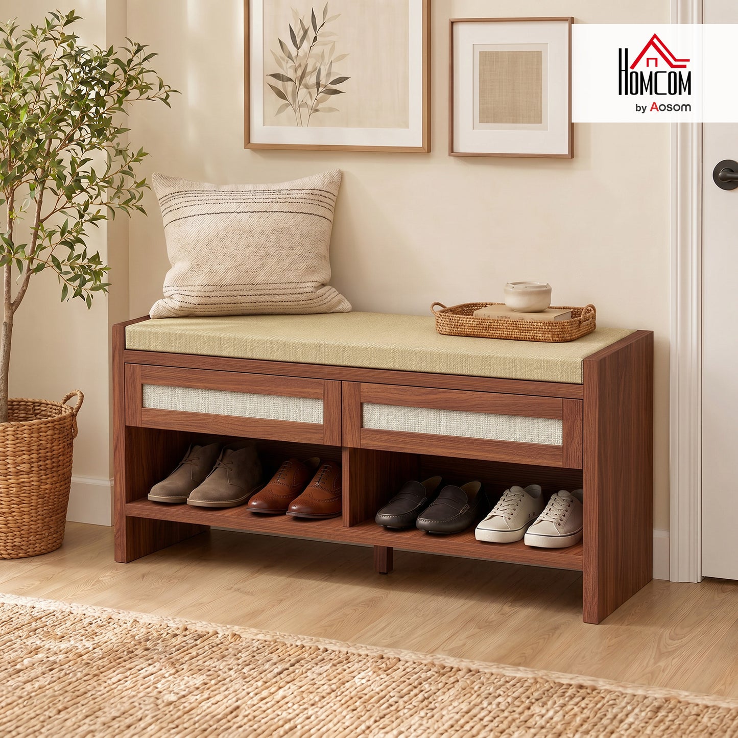 Shoe Bench with 2 Rattan Drawers Cushion Brown
