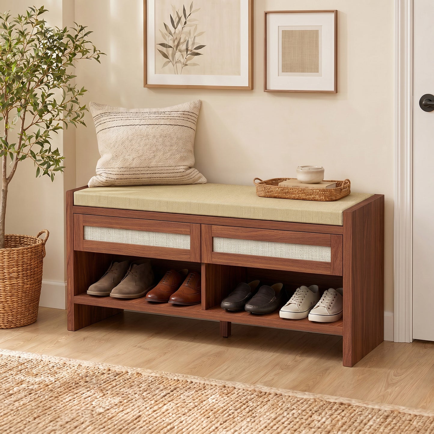 Shoe Bench with 2 Rattan Drawers Cushion Brown