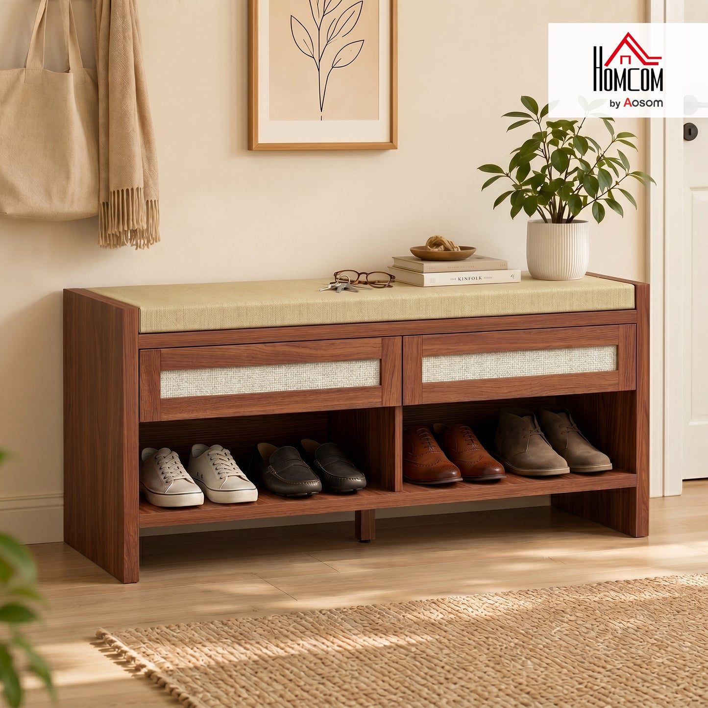 Shoe Bench with 2 Rattan Drawers Cushion Brown