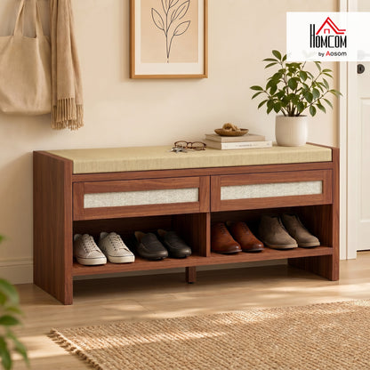 Shoe Bench with 2 Rattan Drawers Cushion Brown