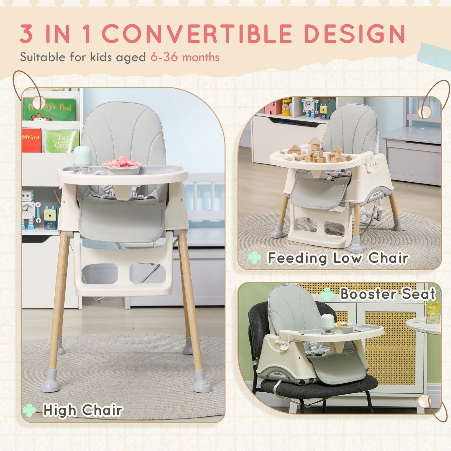3 in 1 High Chair, Baby Chair, Booster Seat, Easy Clean & Foldable