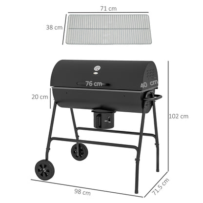 Outdoor Wheeled Barrel Charcoal Barbecue Grill Trolley, Black