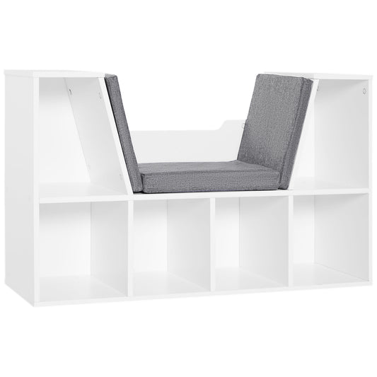 HOMCOM Bookcase Storage Shelf with Cushioned Reading Seat, Cube Bookshelf Organizer for Bedroom Living Room, White