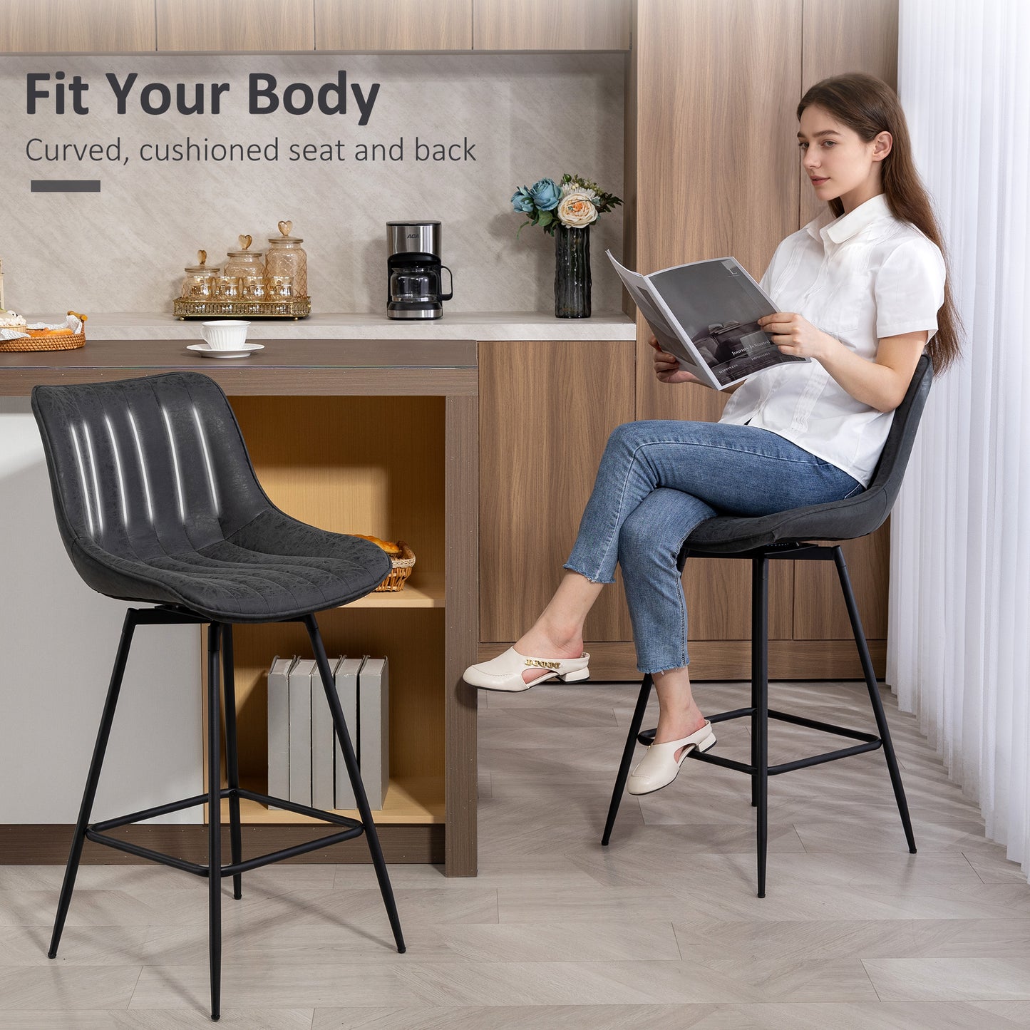 Swivel Bar Stools Set of 2, PU Leather Upholstered Bar Chairs, Black