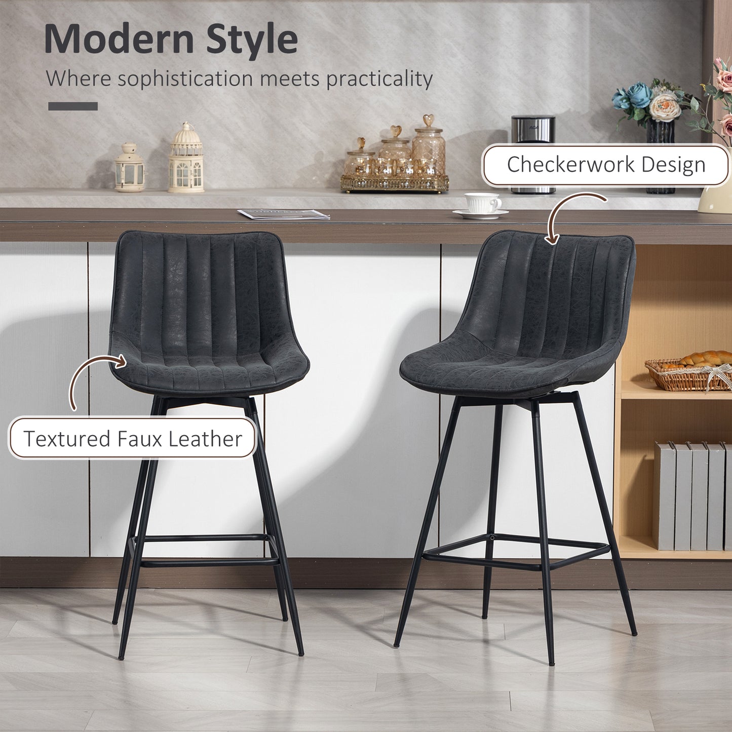Swivel Bar Stools Set of 2, PU Leather Upholstered Bar Chairs, Black