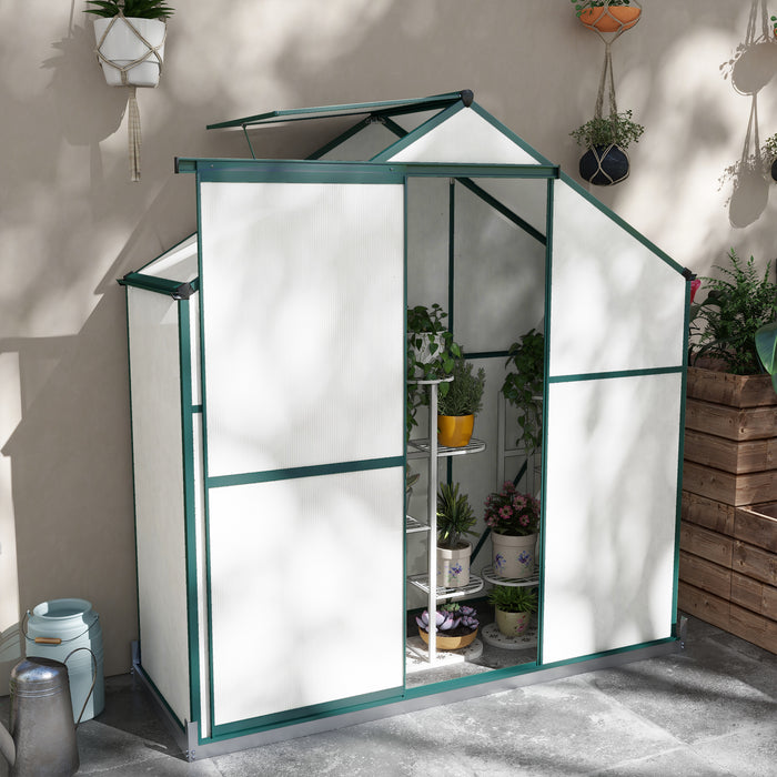 6 x 2.5ft Polycarbonate Greenhouse Walk-In Green House with Rain Gutter, Sliding Door, Window, Foundation, Green