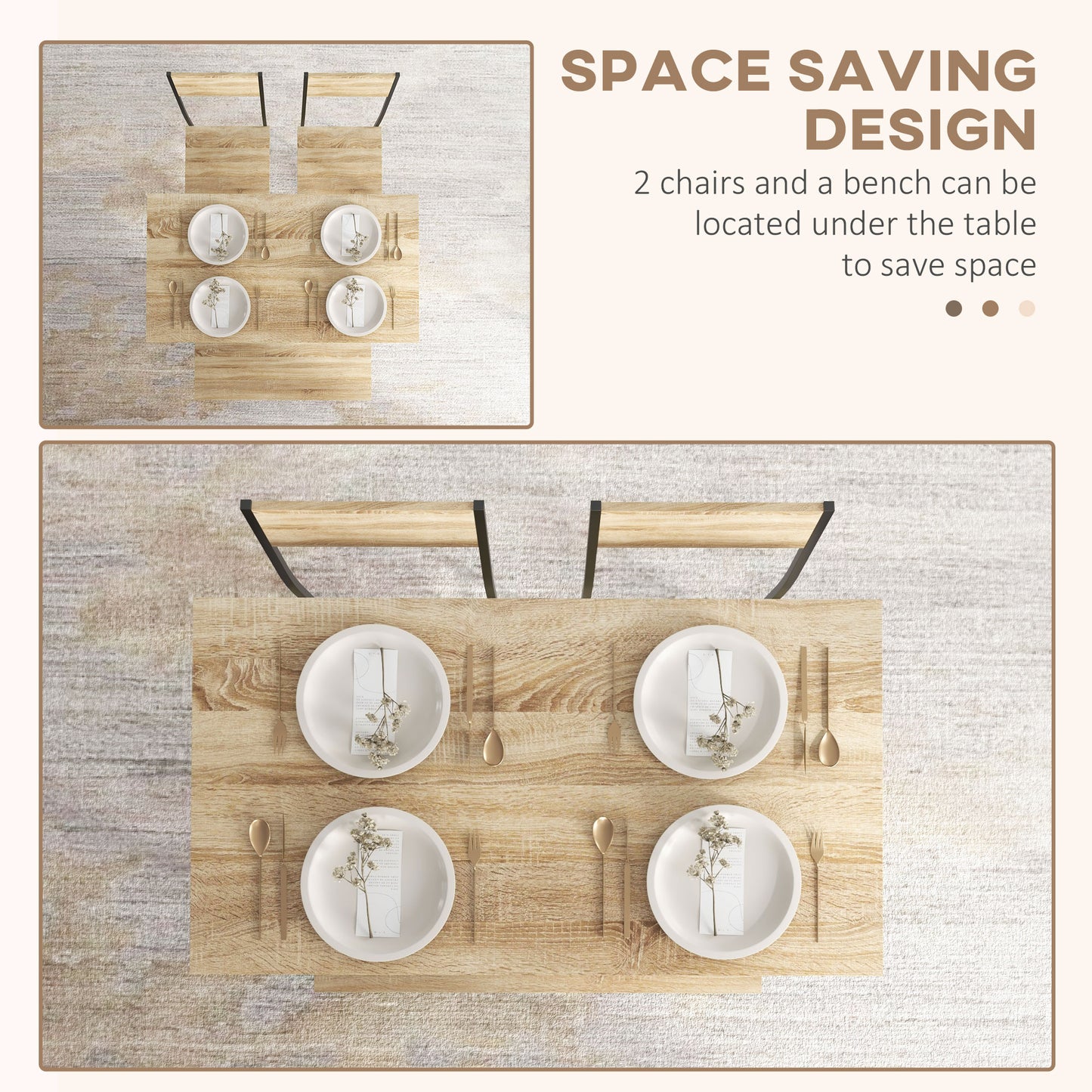 Dining Table and Chairs Set of 4 with 2 Chairs Bench for Kitchen Natural