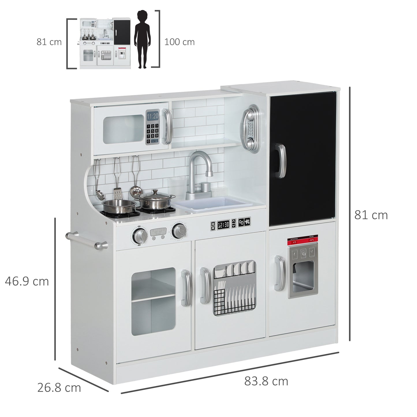 Play Kitchen, Pretend Toy Kitchen with Toy Phone, Chalkboard, White