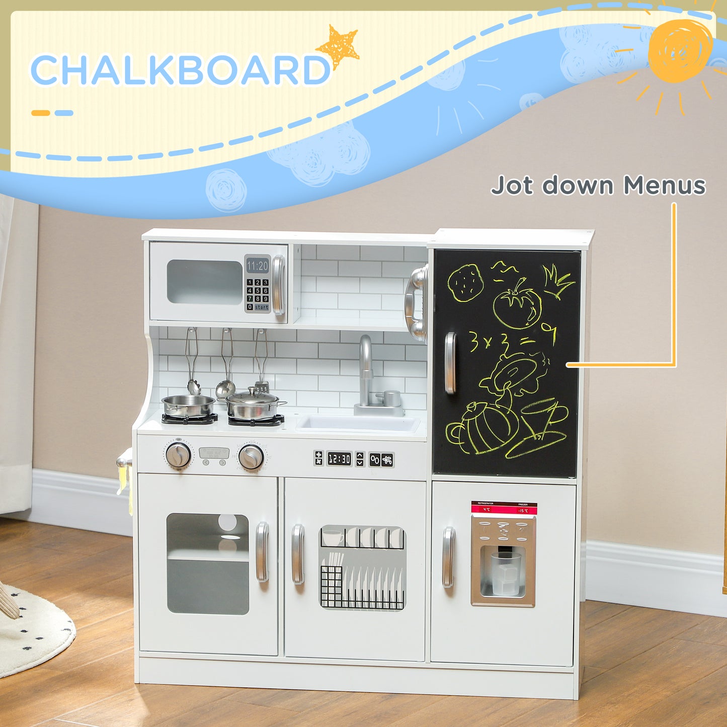 Play Kitchen, Pretend Toy Kitchen with Toy Phone, Chalkboard, White