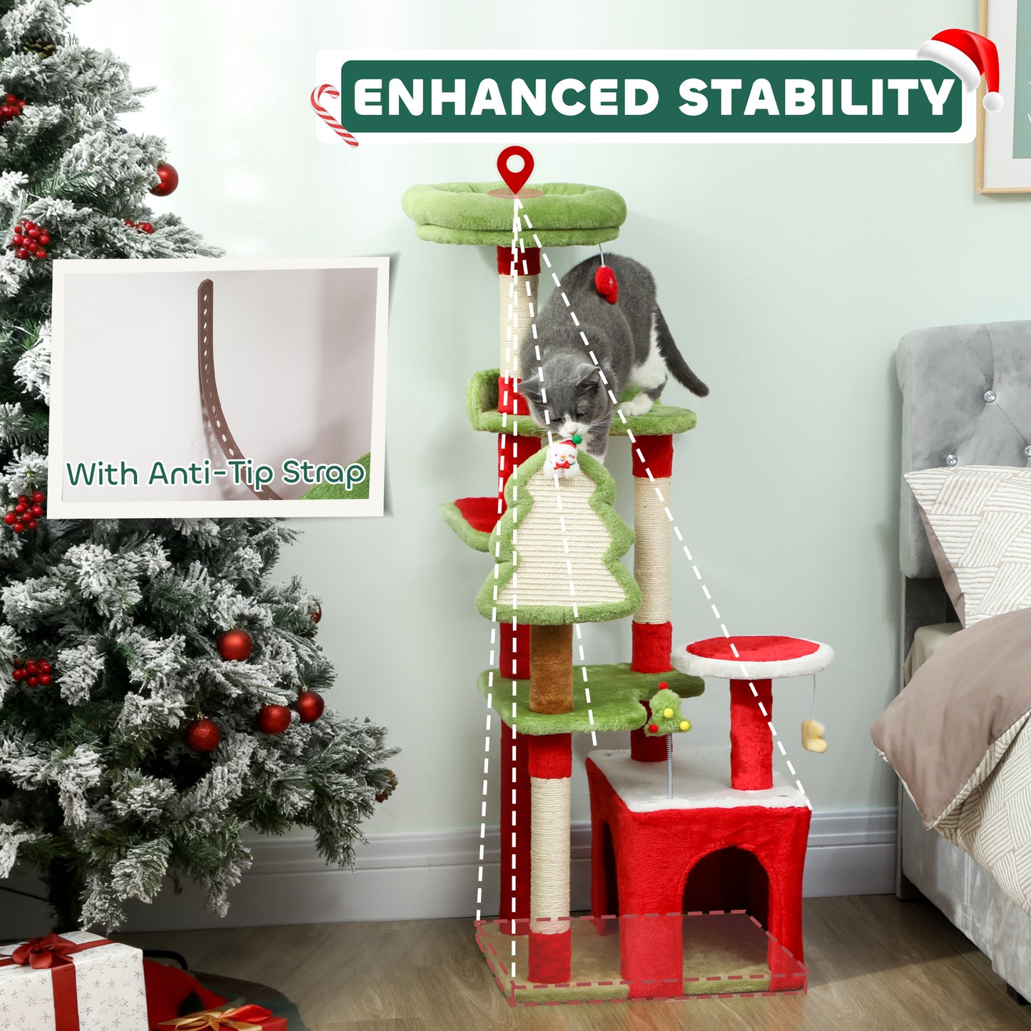 120cm Cat Tree, Christmas Cat Tower with 3 Sisal Scratching Posts, Green