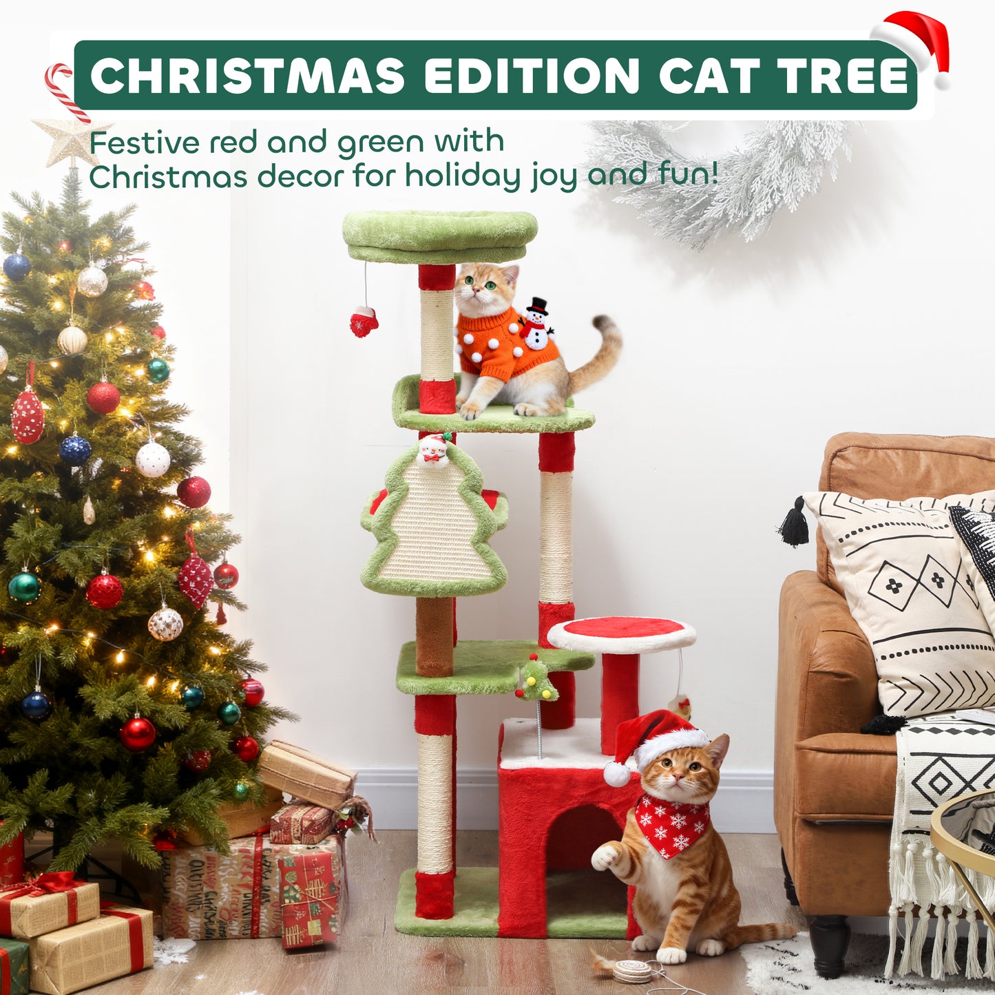 120cm Cat Tree, Christmas Cat Tower with 3 Sisal Scratching Posts, Green