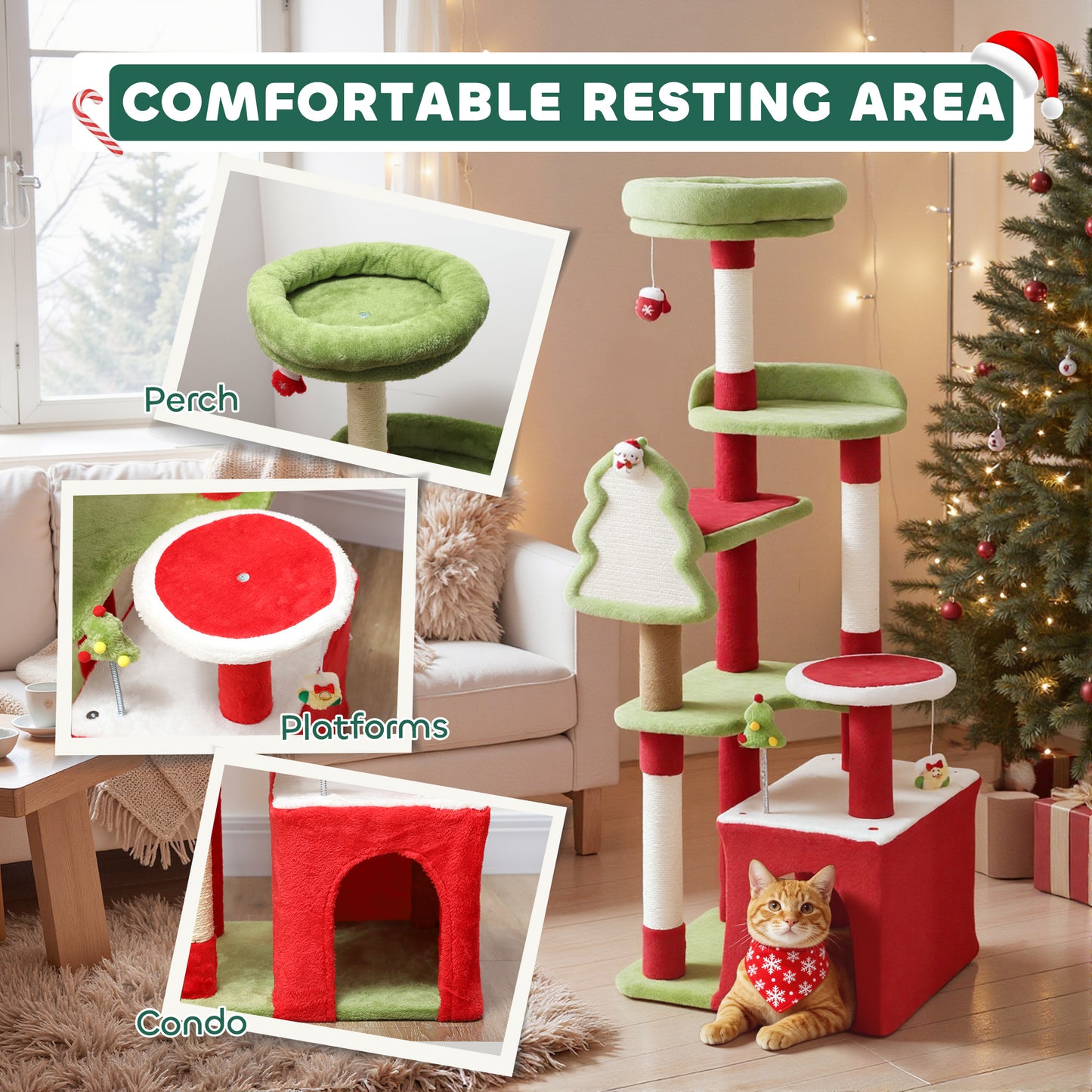 120cm Cat Tree, Christmas Cat Tower with 3 Sisal Scratching Posts, Green