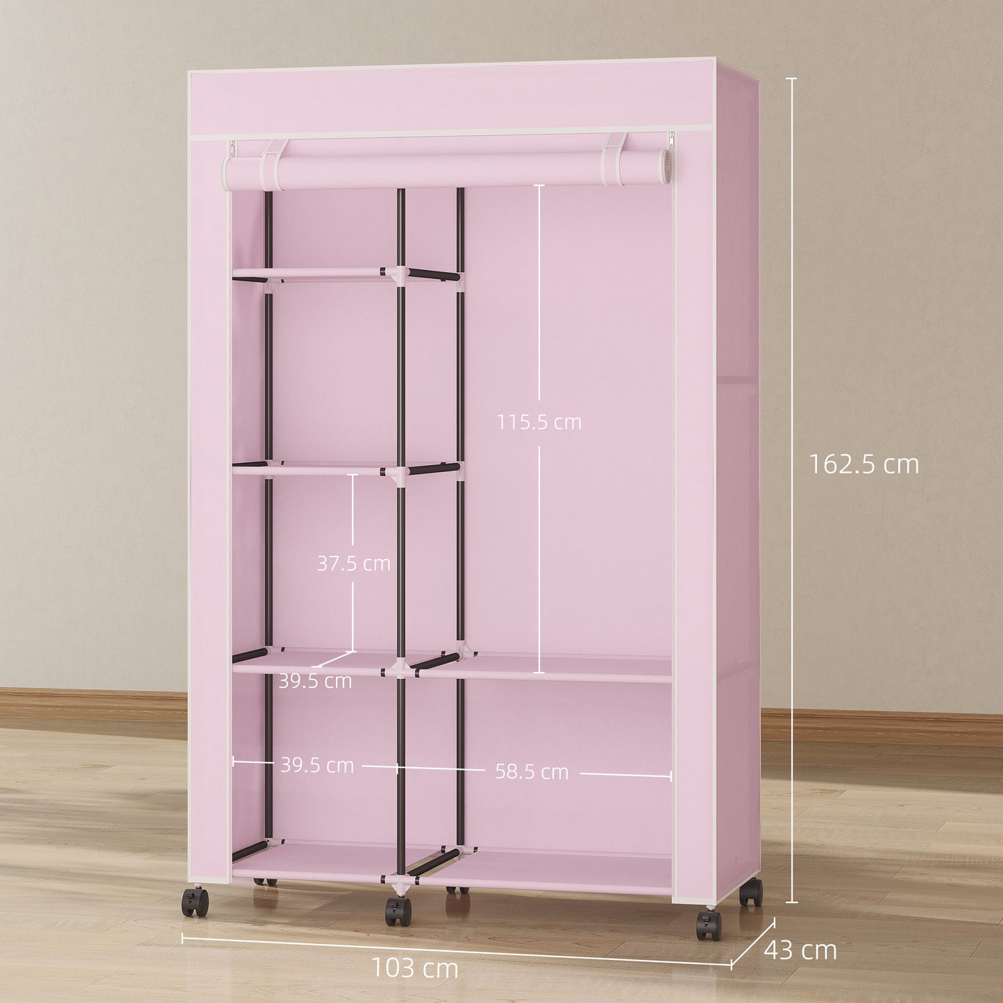 Fabric Wardrobe with wheels, Mobile Portable Wardrobe with 6 Shelves, 1 Hanging Rail, Foldable, 103 x 43 x 162.5 cm, Pink