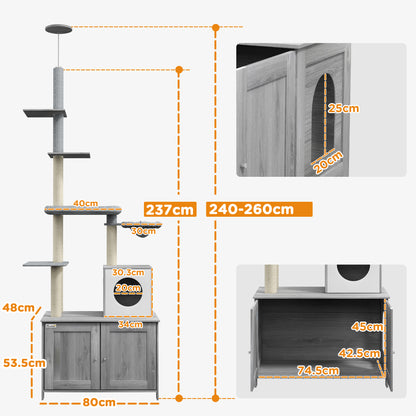 2-in-1 Hidden Litter Box with Floor-To-Ceiling Cat Tree, Indoor - Grey