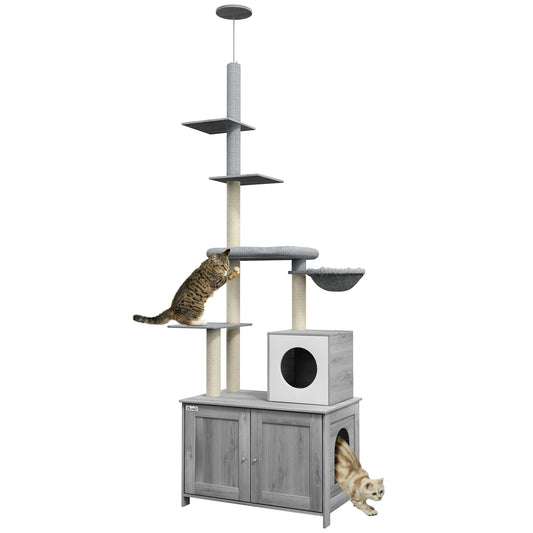 2-in-1 Hidden Litter Box with Floor-To-Ceiling Cat Tree, Indoor - Grey