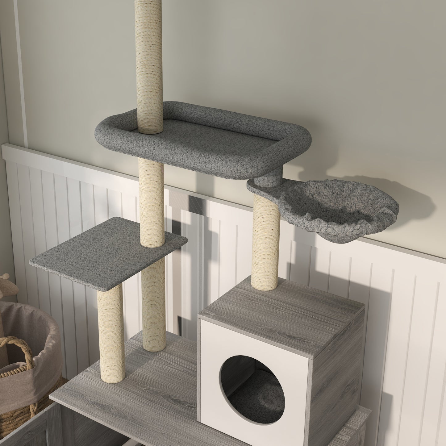 2-in-1 Hidden Litter Box with Floor-To-Ceiling Cat Tree, Indoor - Grey