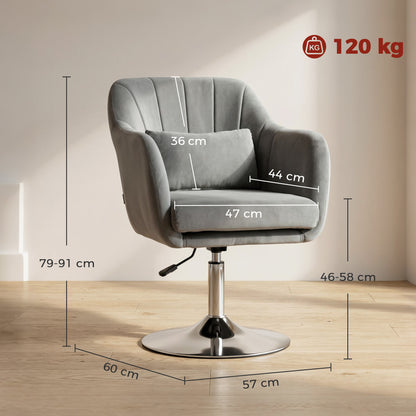 Swivel Accent Chair, Velvet Fabric Tub Vanity Chair, Modern Armchair with Adjustable Height and Lumbar Support for Living Room Bedroom Salon Make up Room Dressing Table, Grey