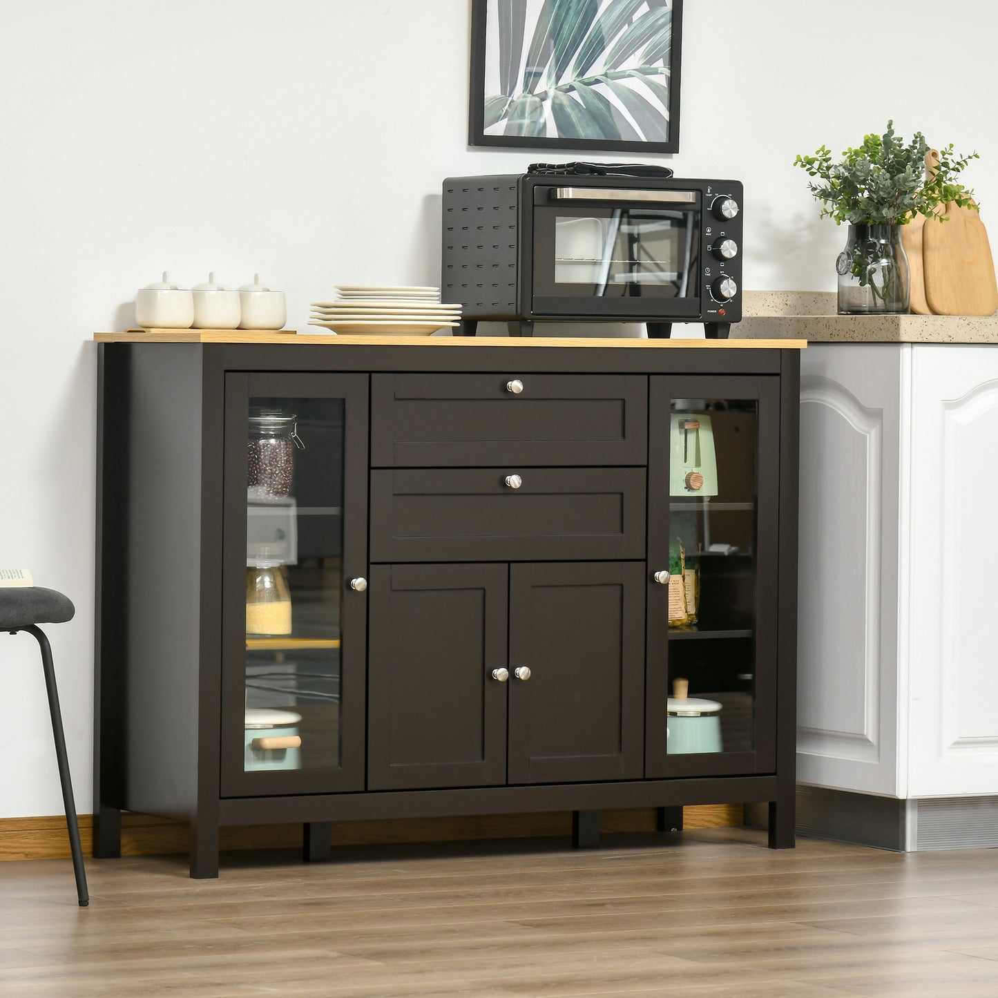 Modern Storage Cabinet with 4 Doors and 2 Drawers, Black Brown