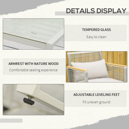 4-Seater Patio Wicker Sofa Set, Outdoor Metal Frame Wrapped Round PE Rattan Conservatory Furniture w/ Cushions, Tempered Glass Table, Grey