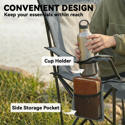 Set of 2 Reclining Folding Camping Chair, Portable Camp Chair with Adjustable Backrest, Footrest, Storage Pocket, Cup Holder and Headrest, for Camping, Beach, Picnic, Grey