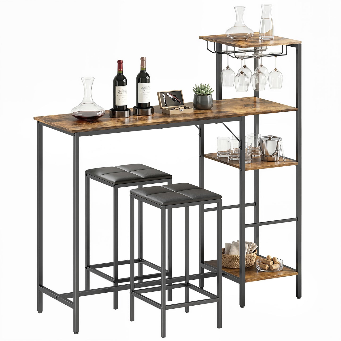 3Pcs Breakfast Bar Table and Stools Set 4-tier shelving, Rustic Brown