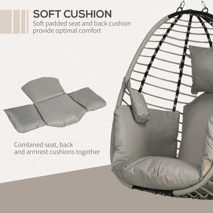 Outdoor Swing Chair with Thick Padded Cushion, Patio Hanging Chair w/ Metal Stand, Foldable Basket, Cup Holder, Rope Structure