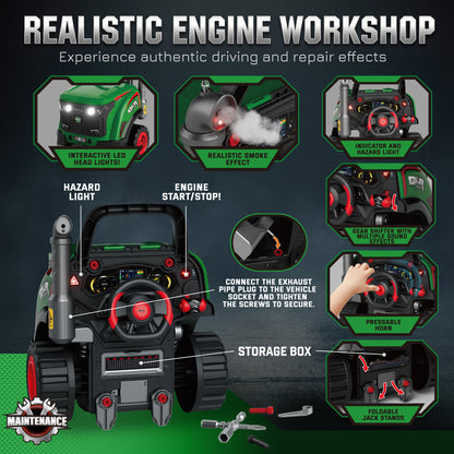 Kids Truck Engine Toy with Spray Lights Sounds for 3-6 Years, Green