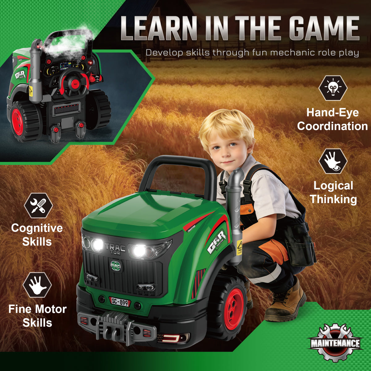 Kids Truck Engine Toy with Spray Lights Sounds for 3-6 Years, Green
