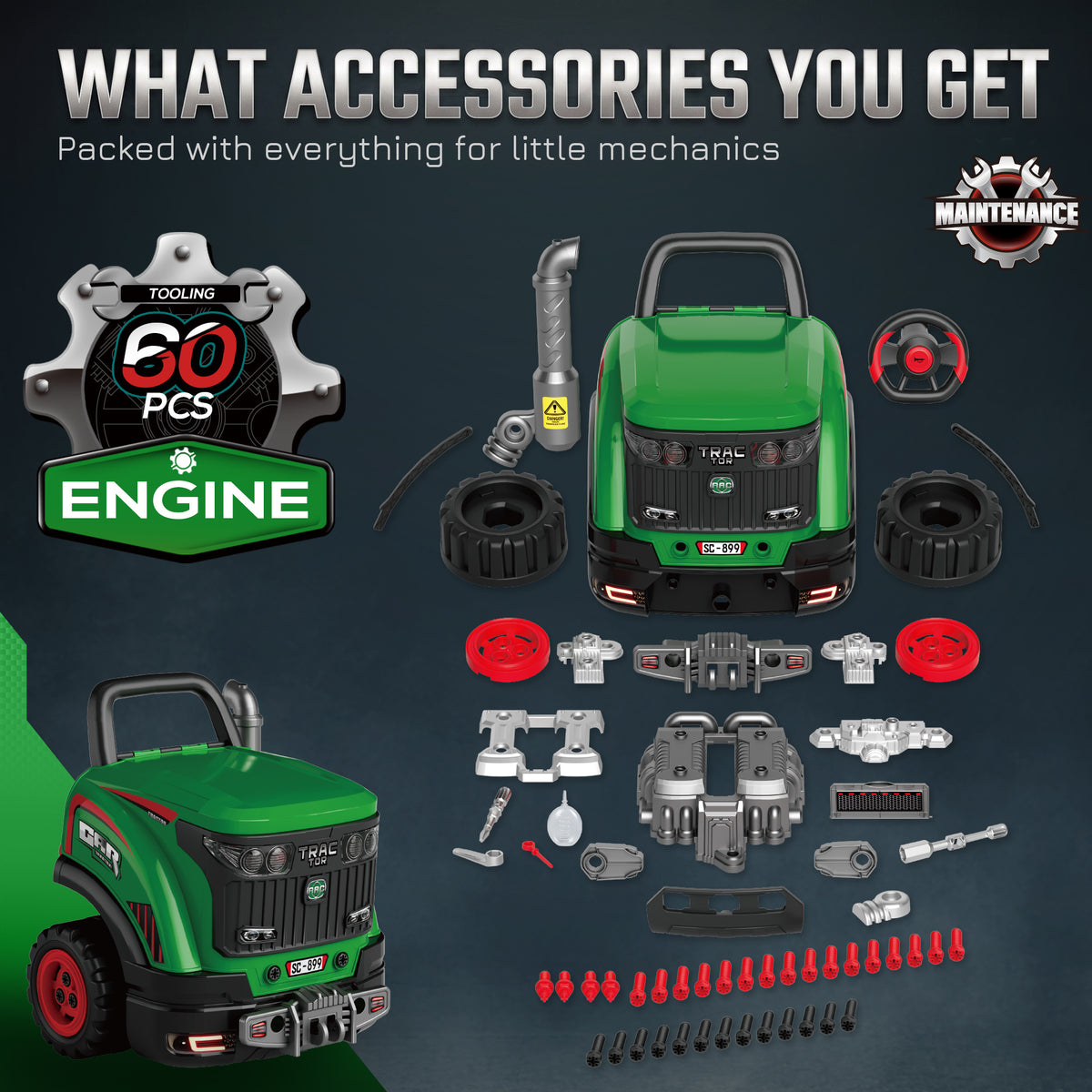 Kids Truck Engine Toy with Spray Lights Sounds for 3-6 Years, Green