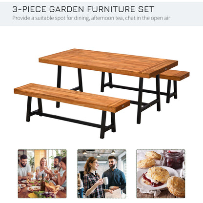 3 Pieces Acacia Wood Picnic Table and 2 Benches Set Dining Trestle Beer Table Patio Outdoor Indoor Furniture