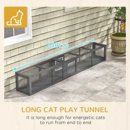 Cat Tunnel, 250cm Extra Long Wooden Cat Play Tunnel with 8 Doors Grey