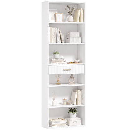 Tall Bookcase with Cubes, 7-Tier Bookshelf with Drawer, White