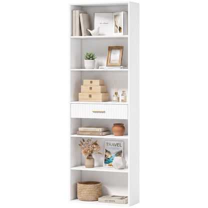 Tall Bookcase with Cubes, 7-Tier Bookshelf with Drawer, White