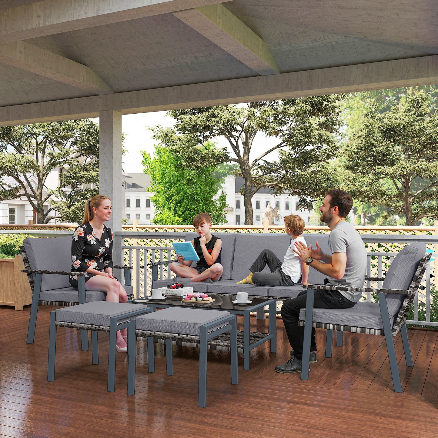7 Seater Rattan Garden Furniture Set with Glass Coffee Table Grey
