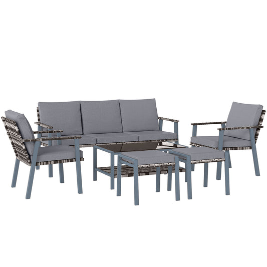 7 Seater Rattan Garden Furniture Set with Glass Coffee Table Grey