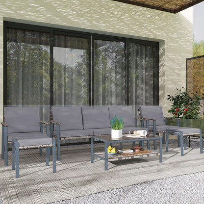 7 Seater Rattan Garden Furniture Set with Glass Coffee Table Grey