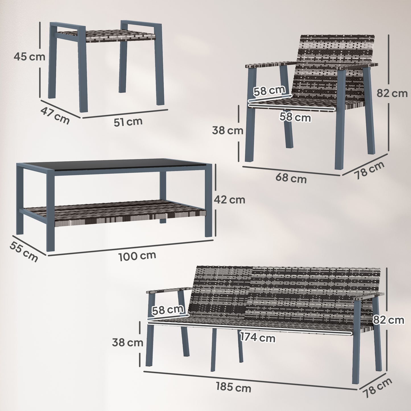 7 Seater Rattan Garden Furniture Set with Glass Coffee Table Grey
