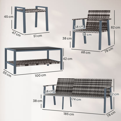 7 Seater Rattan Garden Furniture Set with Glass Coffee Table Grey