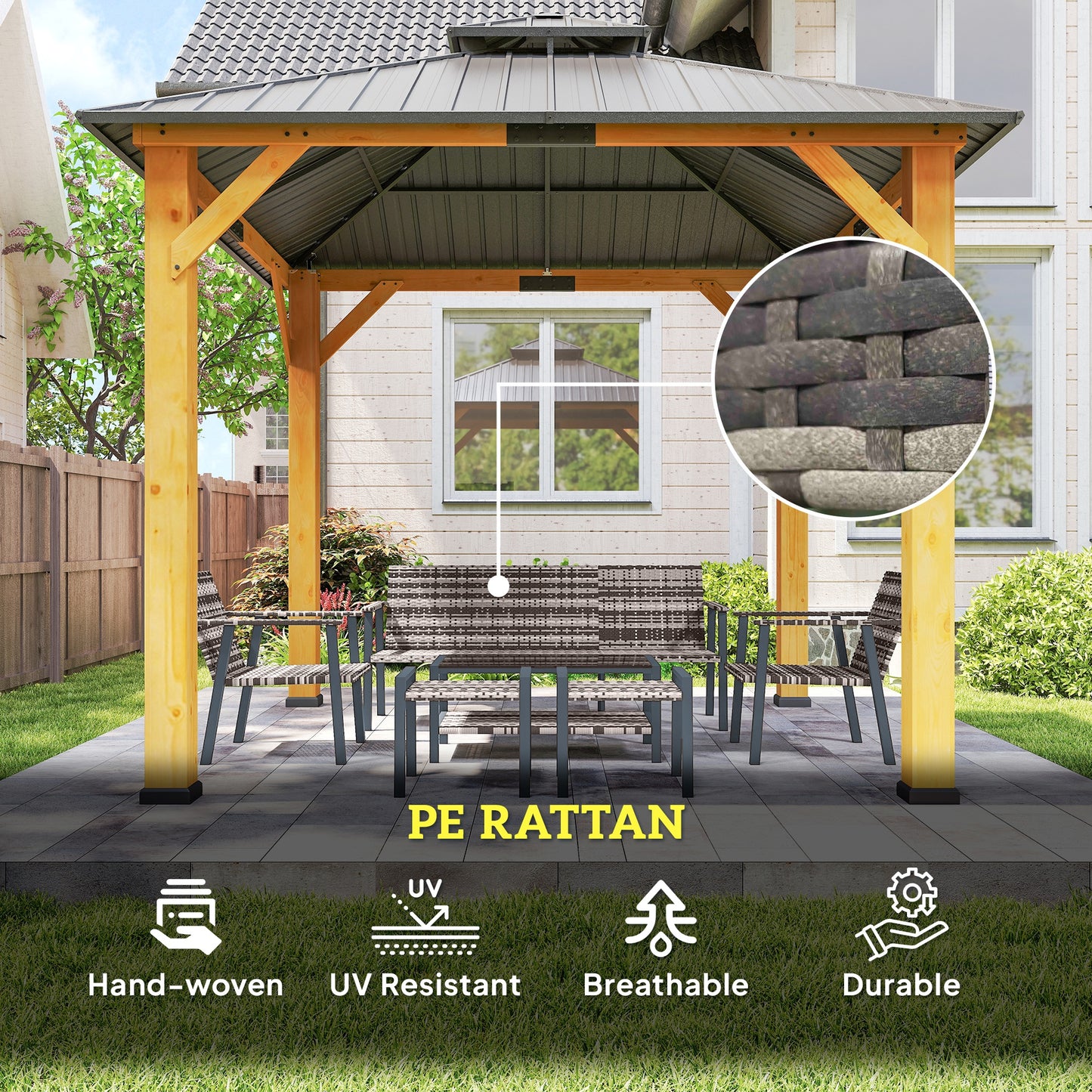 7 Seater Rattan Garden Furniture Set with Glass Coffee Table Grey